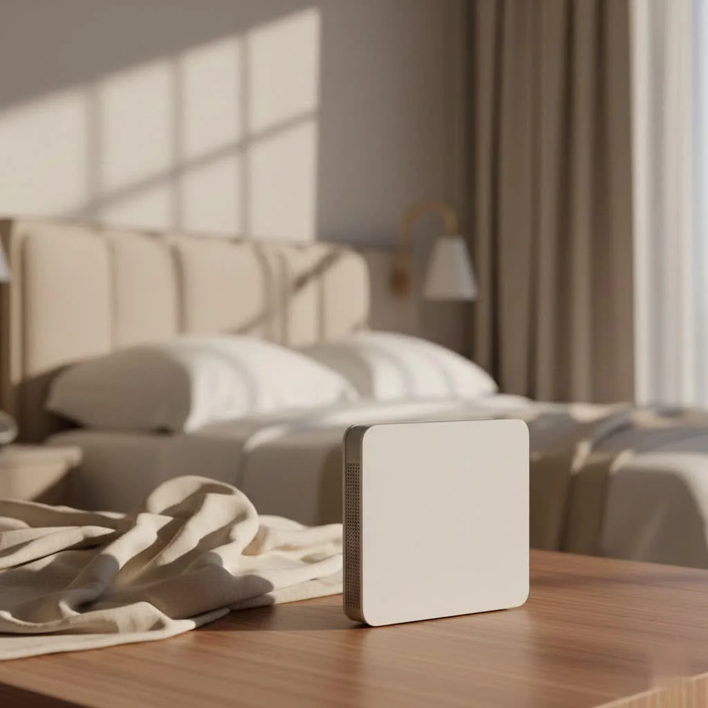 Modern WiFi router with multiple antennas on a wooden desk