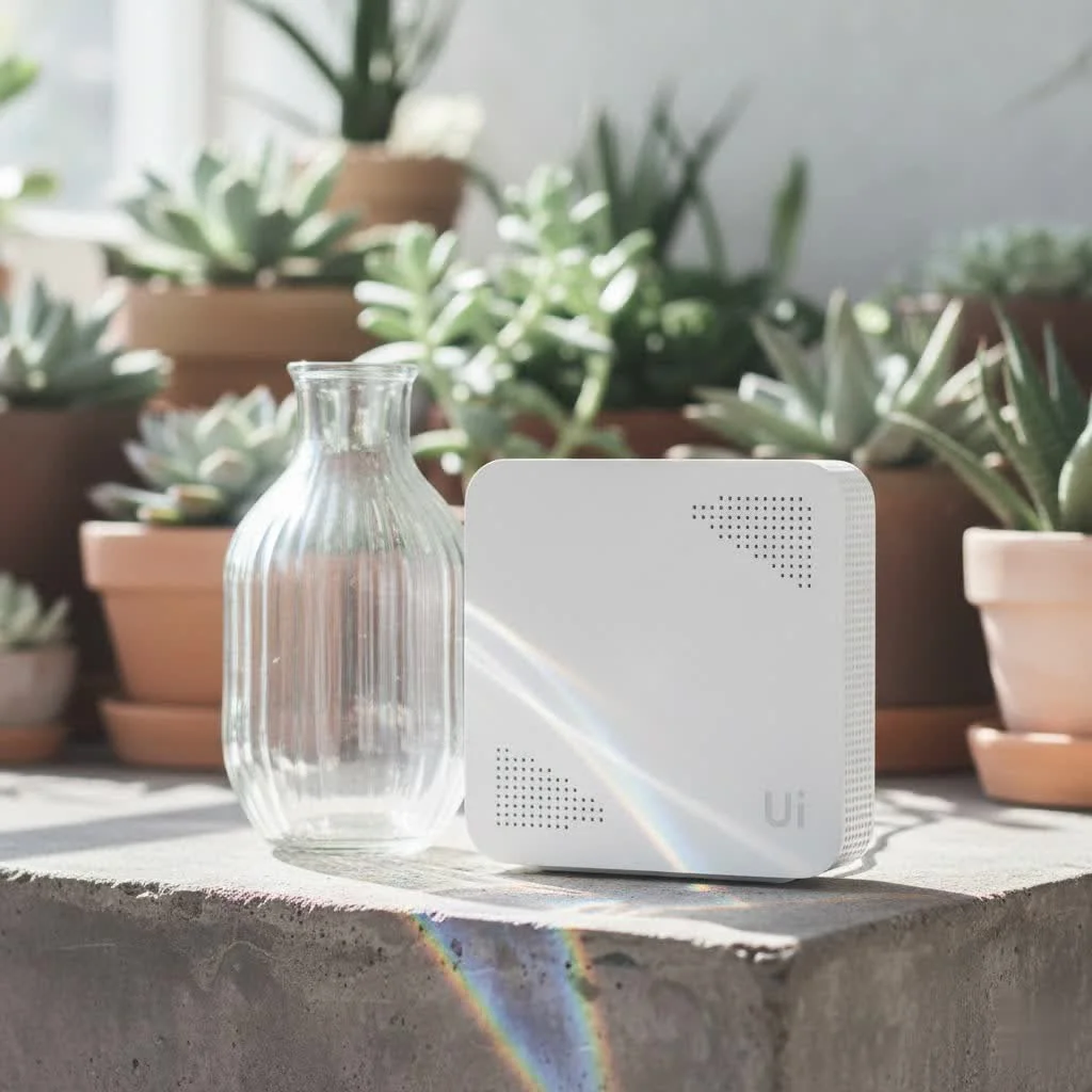 Portable WiFi router for travel, showing a compact device with a strong signal icon.