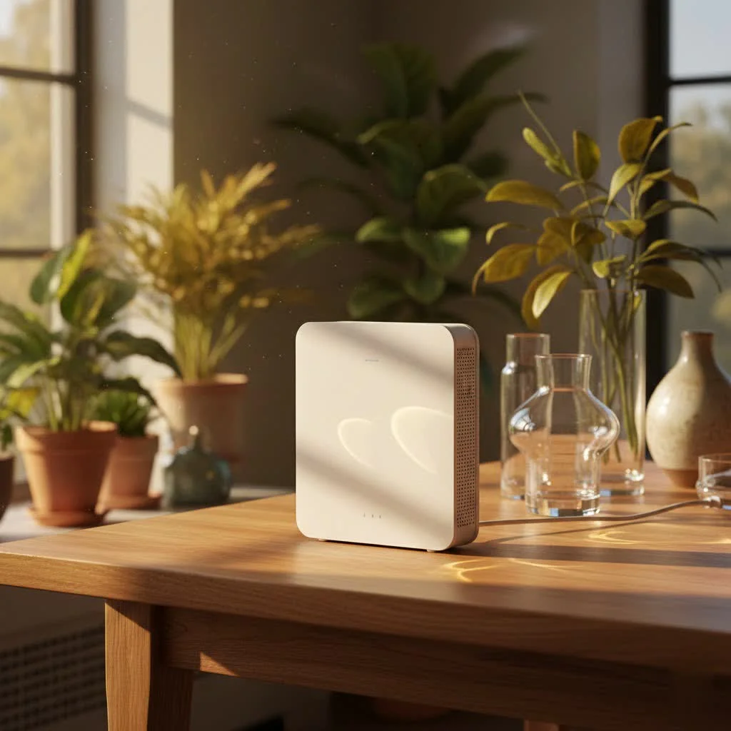 Modern WiFi router with multiple antennas on a wooden table