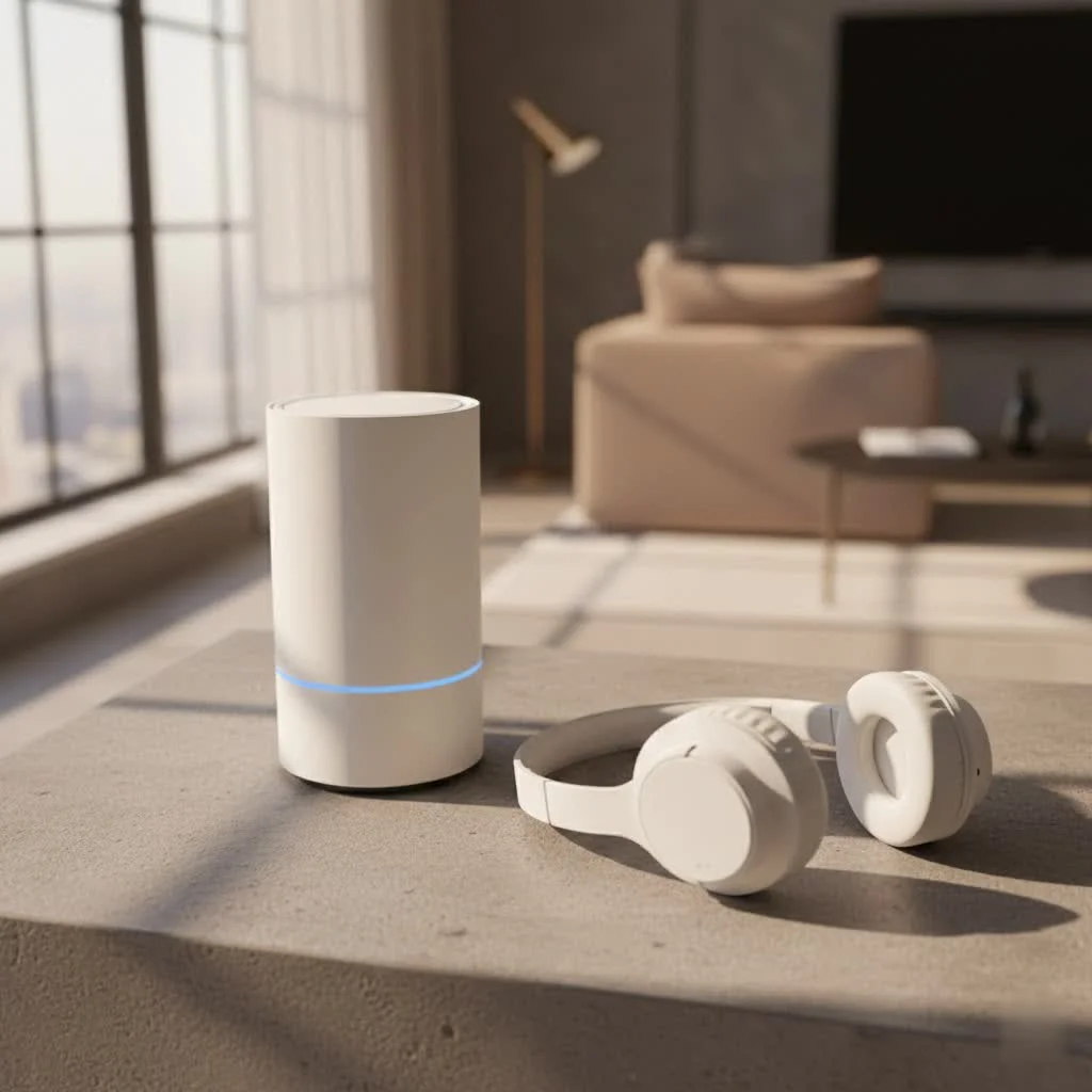 Modern home interior with a sleek, white WiFi router on a wooden table